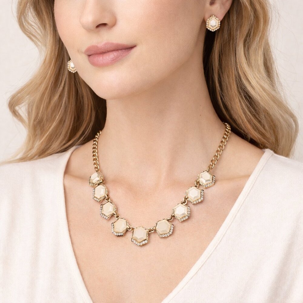 Gold Hexagon Crystal Necklace & Stud Earring Set